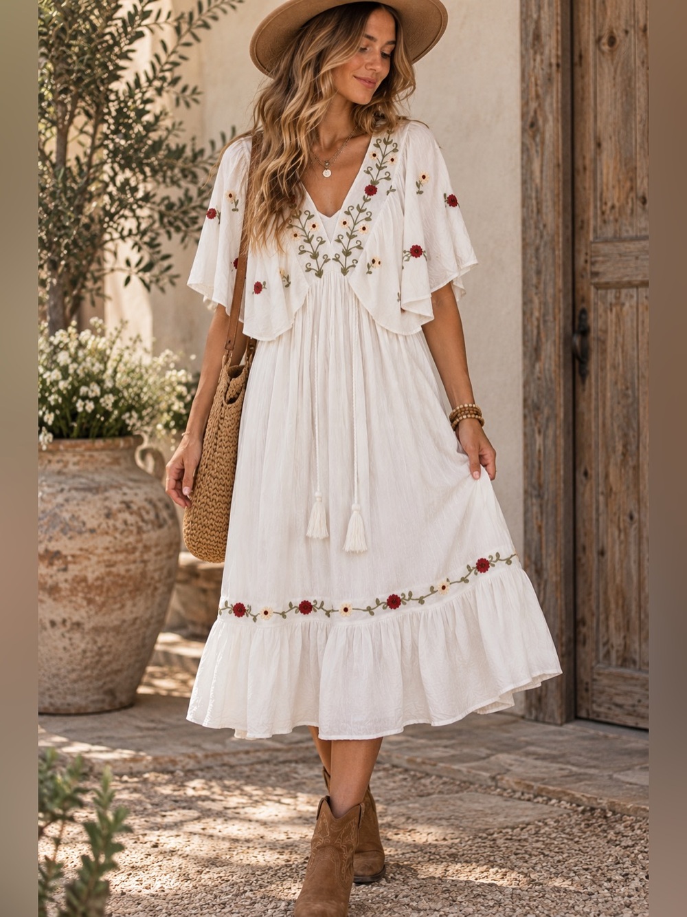 Sweet Magnolia Floral Embroidered Boho Midi Dress
